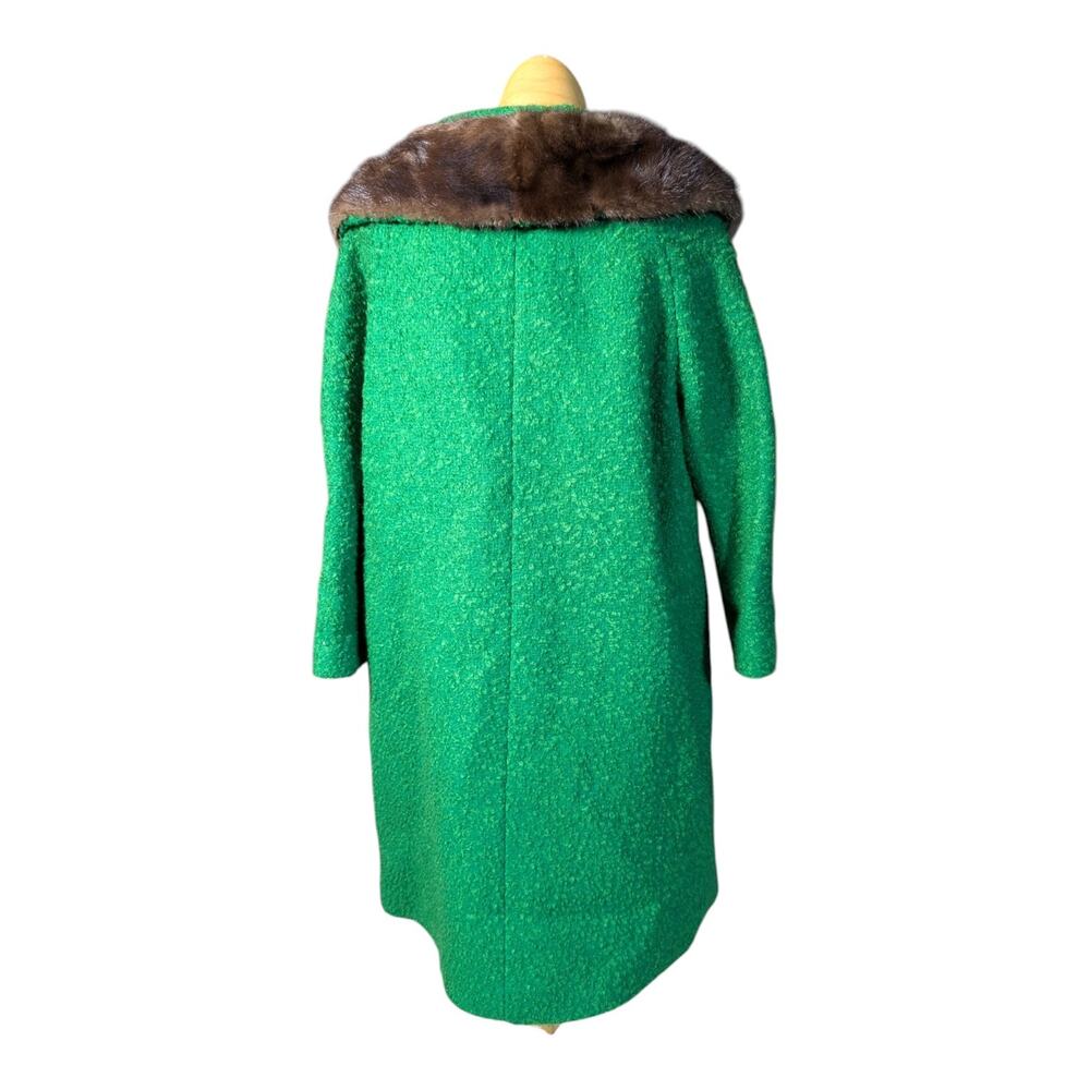 Vtg 1950s Kelly Green Boucle Wool Mink Fur Collar Button Up Swing Coat Sz M - Picture 3 of 7